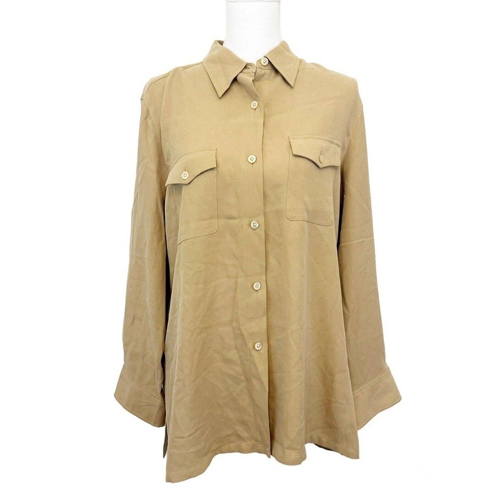 Lauren Ralph Lauren Silk Woven‎ Button Down Short Womens Size Large Khaki